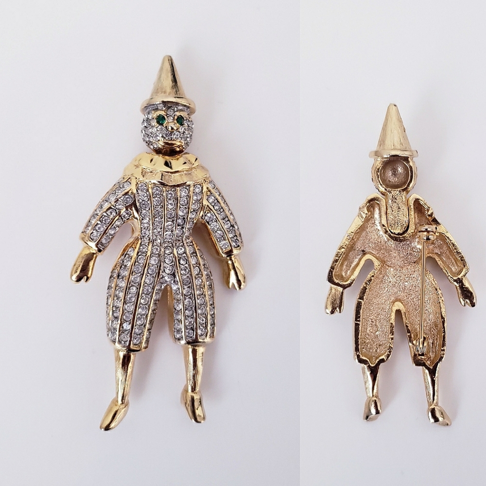 Gold Rhinestone Clown Pierrot Brooch